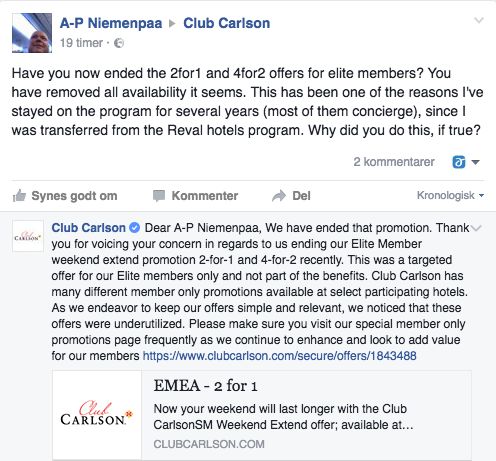 Flere kunder klager til CLub Carlson over at denne fordel blev fjernet helt uden varsel.