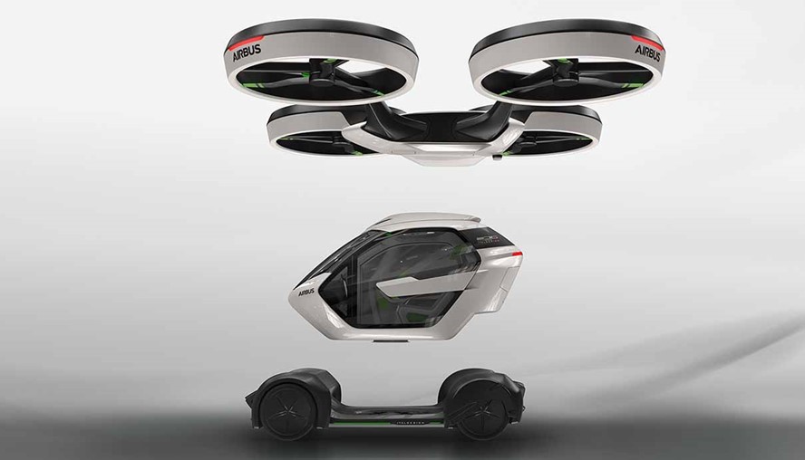Pop.Up består af tre dele – et chassis med elmotor og fire hjul, en passager kabine til to og en drone.