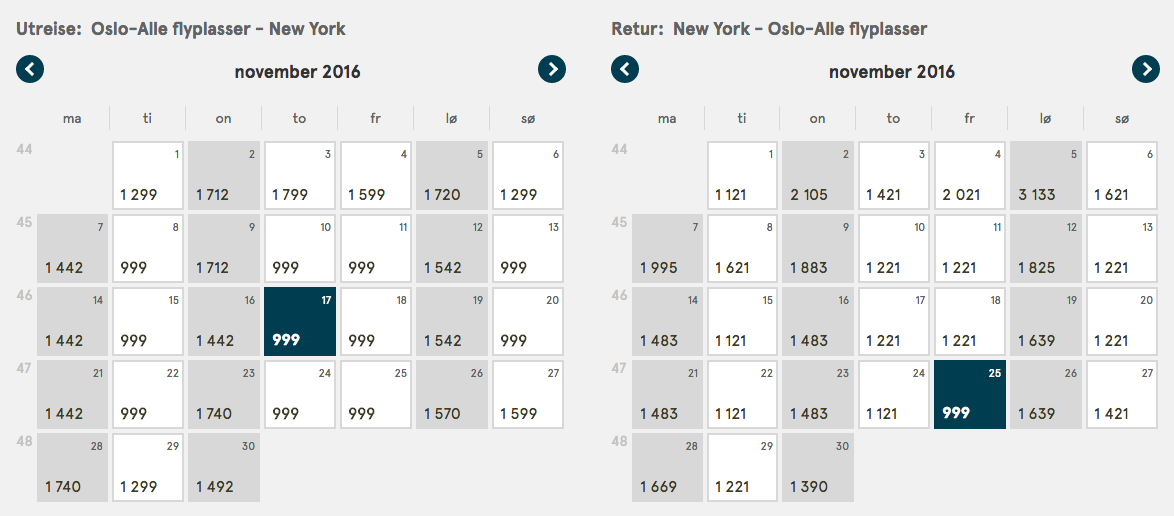 Eksempel på rejse til New York for kr 1 998,- t/r