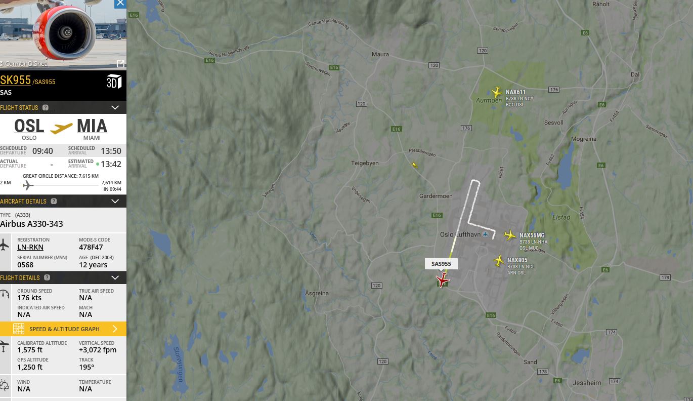 Bilde: Utsnitt fra Flightradar24.com