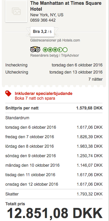 Når man indtaster kampagnekode, så falder prisen til samme pris som hos SAS. Hotels.com kom har altså tydeligvis sat prisen op da de startede "kampagnen" som reelt ingen rabat giver i forhold til at have booket igår.