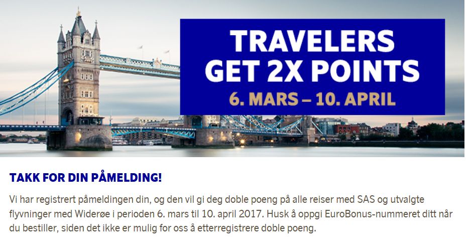 Kvitteringsmelding fra SAS om at man er påmeldt kampanjen