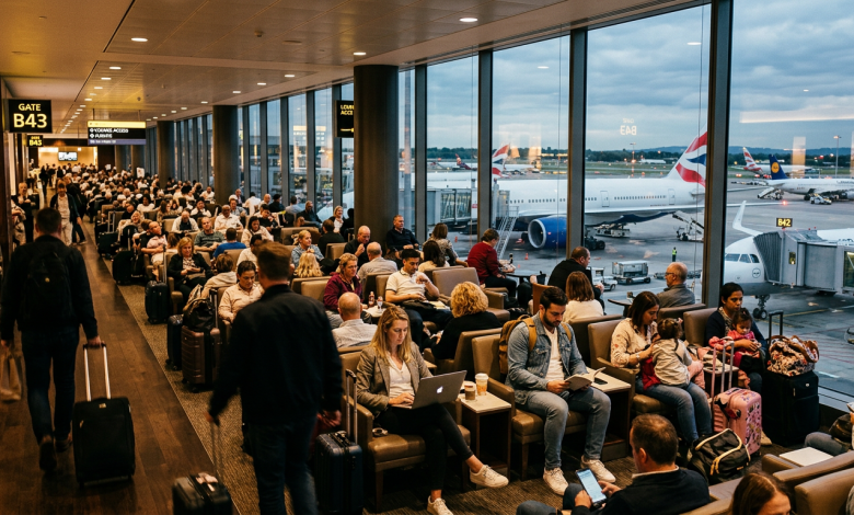 Passengers seated and walking in busy airport terminal at gate B43 with planes outside